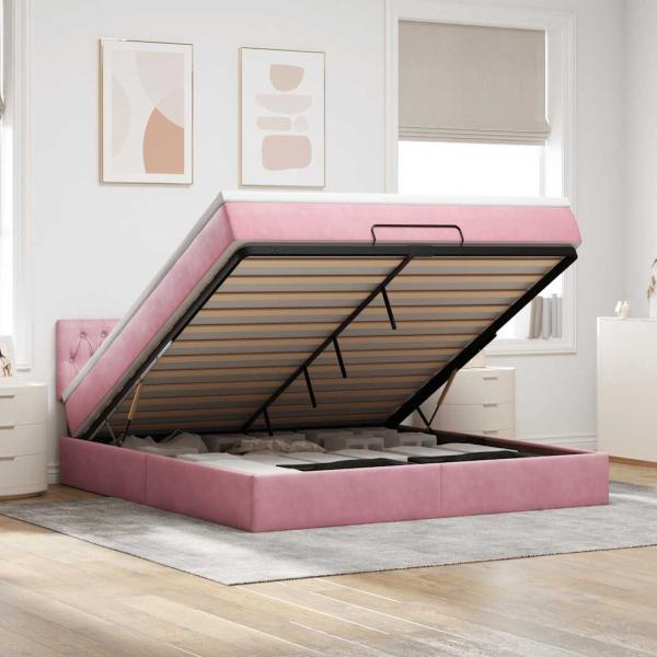 ARDEBO.de - Ottomane Bett mit Matratze & LEDs Rosa 180x200 cm Samt