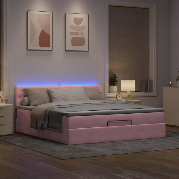 Ottomane Bett mit Matratze & LEDs Rosa 180x200 cm Samt
