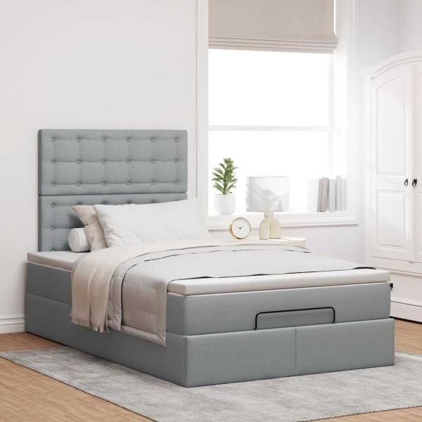Ottoman-Bett mit Matratze & LEDs Hellgrau 120x190 cm Stoff