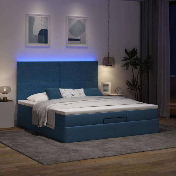 Ottoman-Bett mit Matratze & LEDs Blau 180x200 cm Stoff