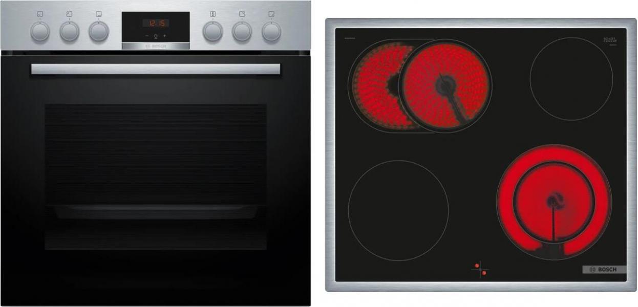 ARDEBO.de Bosch HND411LR63 EEK: A+ Einbau-Herd-Set mit Elektro-Kochfeld (HEA513BR3 + NKN645GA2E), 60 cm breit, 74 L, 3D-Heißluft, Drehwähler, Kindersicherung, Rahmen aufliegend, schwarz