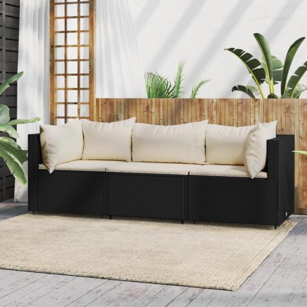 ARDEBO.de - 3-tlg. Garten-Lounge-Set mit Kissen Schwarz Poly Rattan
