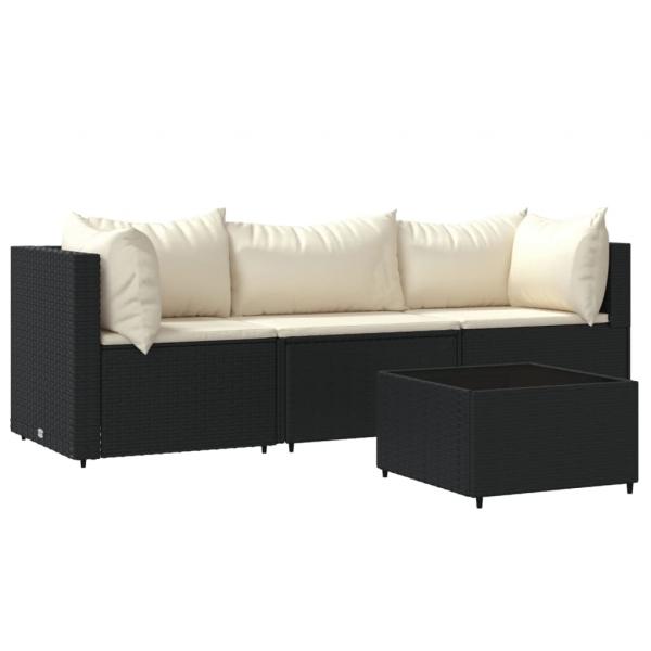 4-tlg. Garten-Lounge-Set mit Kissen Schwarz Poly Rattan