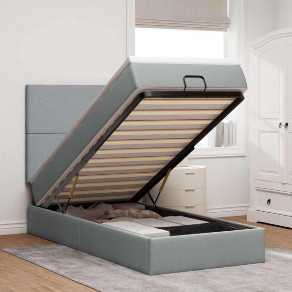 ARDEBO.de - Ottomane Bett mit Matratze & LEDs Hellgrau 80x200 cm Stoff