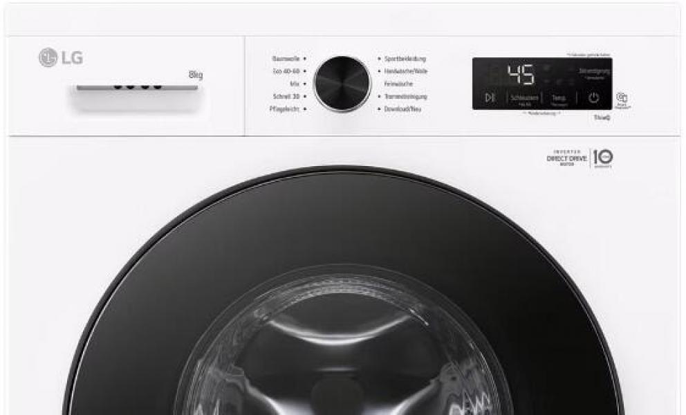 LG F4WB308Y 8kg Frontlader Waschmaschine, 60 cm breit, 1400 U/Min, unterbaufähig, Steam, Inverter Direct Drive®-Motor, WLAN, Kindersicherung, weiß glänzend
