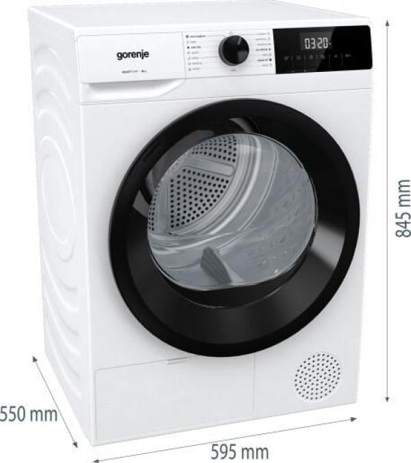 Gorenje DHNE82 EEK: D 8 kg Wärmepumpentrockner, 59,5 cm breit, TwinAir, AutoDrain, Kindersicherung, 15 Programme, Quick Dry, weiß