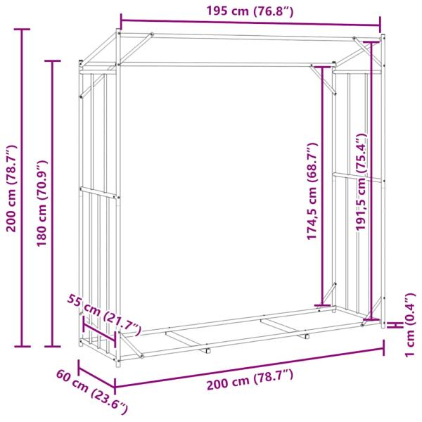 ARDEBO.de - Brennholzregal mit Regenschutz 200x60x200 cm Verzinkter Stahl