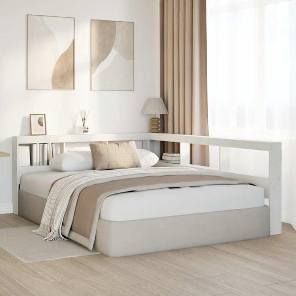 Kopfteil mit Bücherregal L-Form Weiß 160 cm Massivholz Kiefer