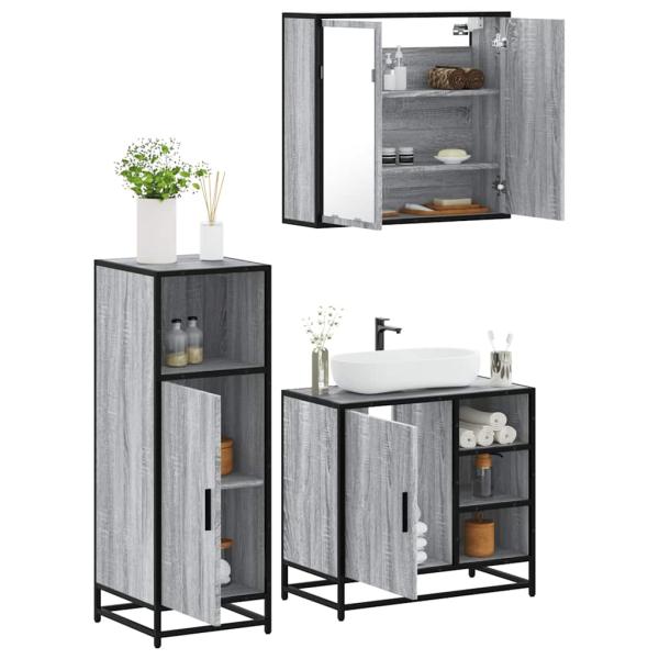 ARDEBO.de - 3-tlg. Badmöbel-Set Grau Sonoma Holzwerkstoff