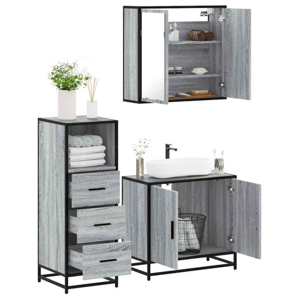 ARDEBO.de - 3-tlg. Badmöbel-Set Grau Sonoma Holzwerkstoff