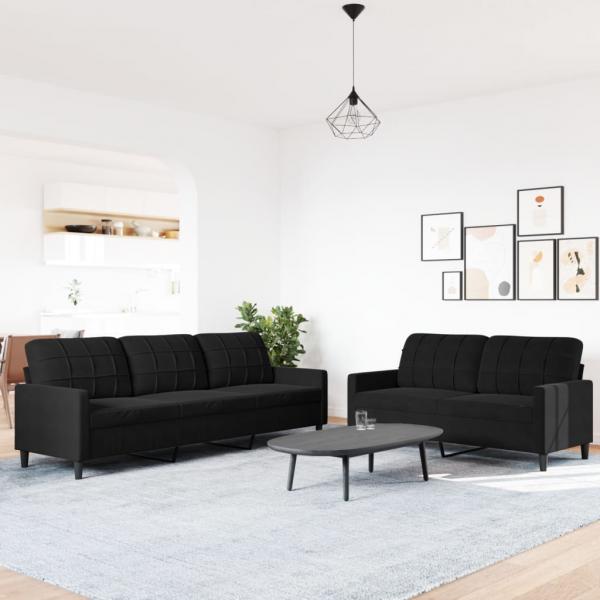 2-tlg. Sofagarnitur mit Kissen Schwarz Samt