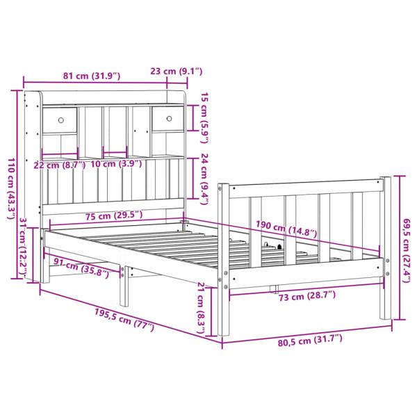 Massivholzbett mit Regal ohne Matratze Weiß 75x190 cm Kiefer