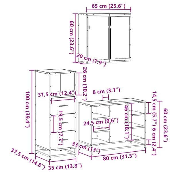 3-tlg. Badmöbel-Set Grau Sonoma Holzwerkstoff