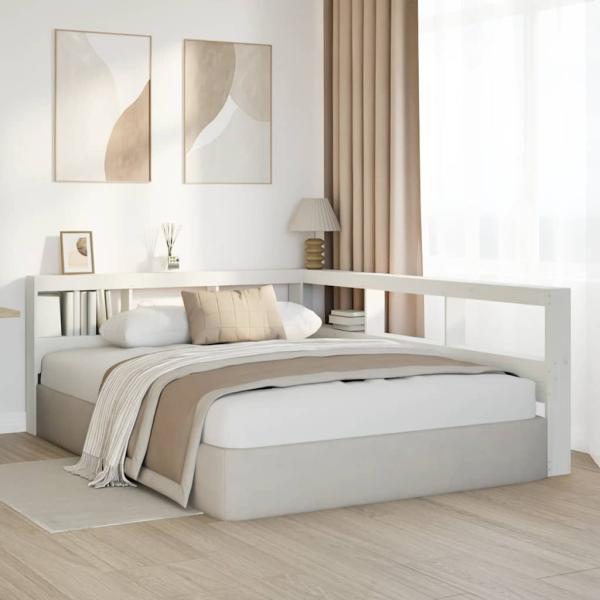 Kopfteil mit Bücherregal L-Form Weiß 140 cm Massivholz Kiefer