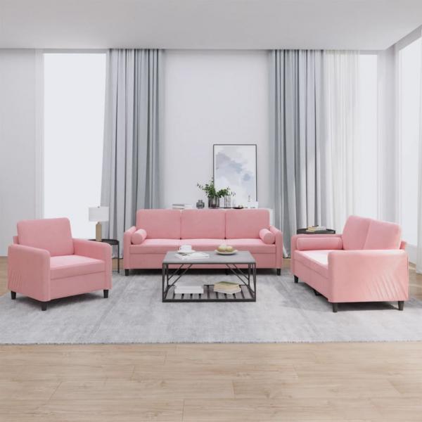ARDEBO.de - 3-tlg. Sofagarnitur mit Kissen Rosa Samt