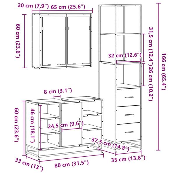 3-tlg. Badmöbel-Set Grau Sonoma Holzwerkstoff