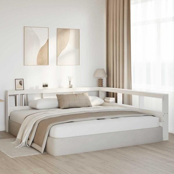 Kopfteil mit Bücherregal L-Form Weiß 200 cm Massivholz Kiefer