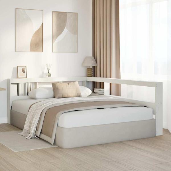 Kopfteil mit Bücherregal L-Form Weiß 150 cm Massivholz Kiefer