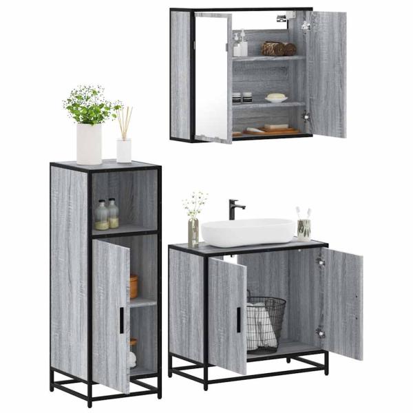 ARDEBO.de - 3-tlg. Badmöbel-Set Grau Sonoma Holzwerkstoff