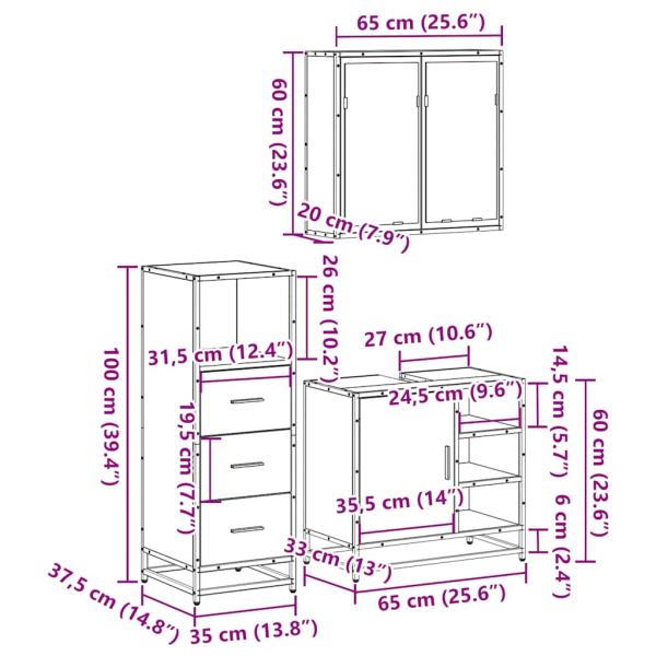 3-tlg. Badmöbel-Set Grau Sonoma Holzwerkstoff