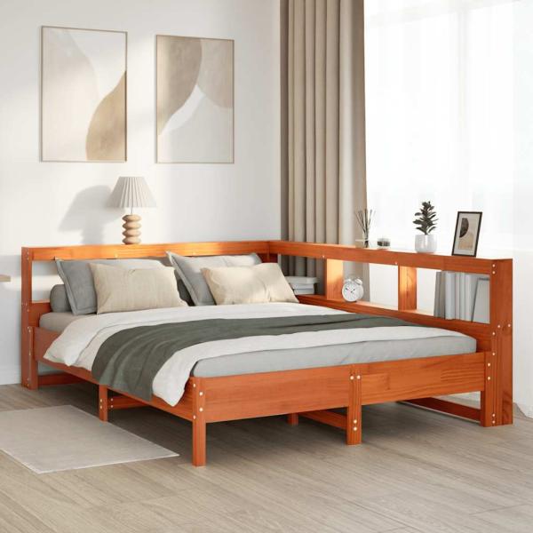 ARDEBO.de - Massivholzbett mit Regal ohne Matratze Wachsbraun 140x190 cm