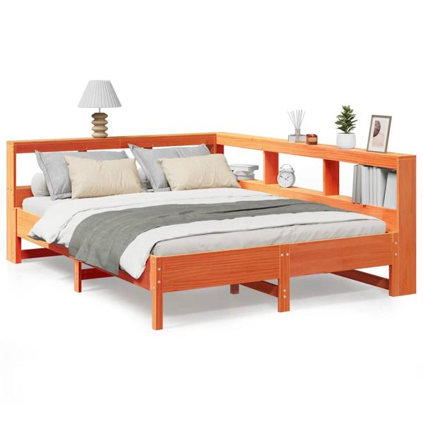 Massivholzbett mit Regal ohne Matratze Wachsbraun 140x190 cm