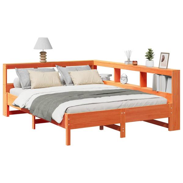 Massivholzbett mit Regal ohne Matratze Wachsbraun 140x190 cm