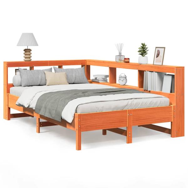 Massivholzbett mit Regal ohne Matratze Wachsbraun 120x190 cm