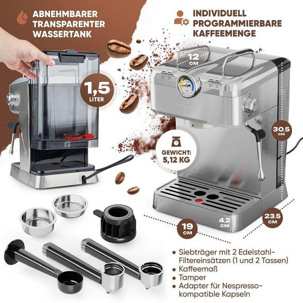 ProfiCook PC-ES-KA 1267 Espresso-Kaffeemaschine, 1100 W, 20 bar, 1,5 Wassertank, Edelstahl (501267)
