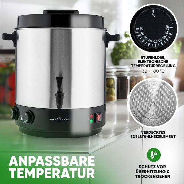 ProfiCook PC-EKA 1283 Einkochautomat, 2100W, 32 Liter Tankinhalt, Cool Touch-Griffe, Edelstahl