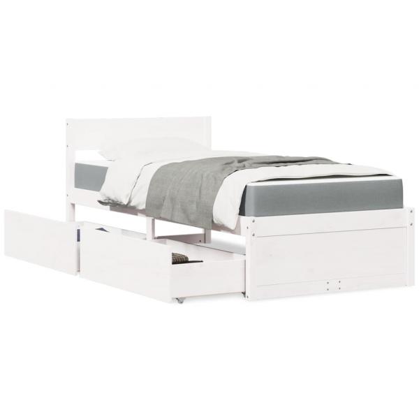 ARDEBO.de - Bett mit Schubladen und Matratze Weiß 90x190 cm Massivholz
