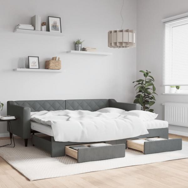 ARDEBO.de - Tagesbett Ausziehbar mit Schubladen Dunkelgrau 90x200 cm Stoff