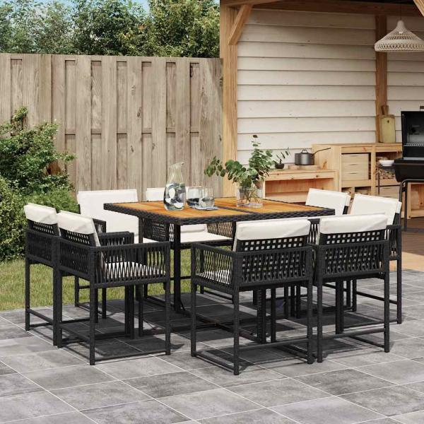 ARDEBO.de - 9-tlg. Garten-Essgruppe mit Kissen Schwarz Poly Rattan