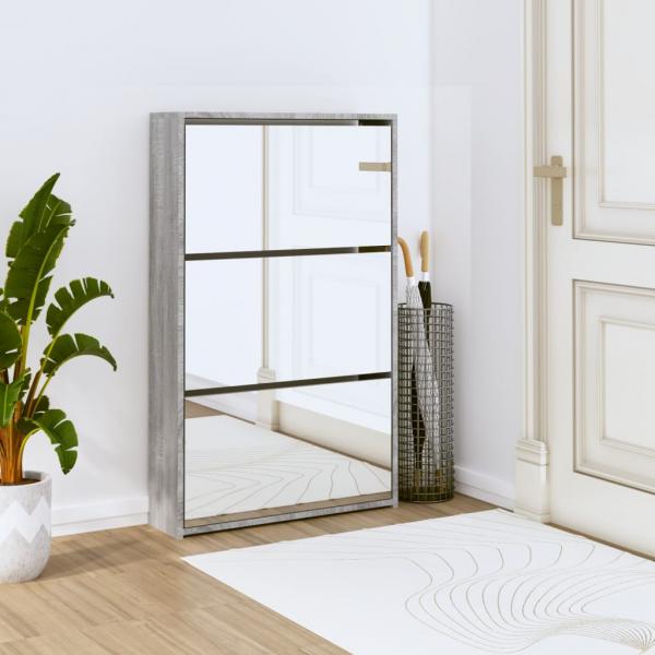 ARDEBO.de - Schuhschrank mit Spiegel 3 Fächer Grau Sonoma 63x17x102,5 cm