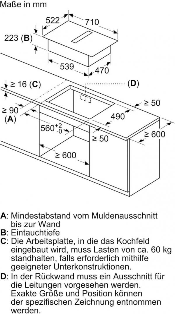 Bosch PVQ711H26E EEK: B Induktionskochfeldabzug, 70 cm breit, 500 m³/h, DirectSelect, Combi Zone, Kindersicherung, Rahmenlos aufliegend