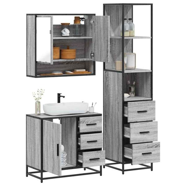 ARDEBO.de - 3-tlg. Badmöbel-Set Grau Sonoma Holzwerkstoff