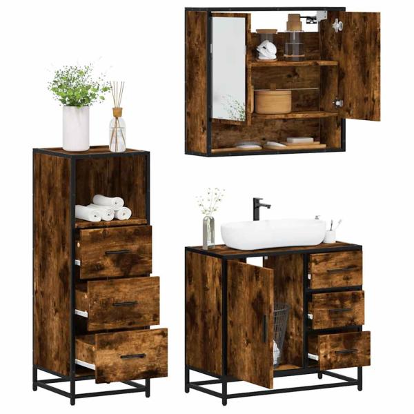 ARDEBO.de - 3-tlg. Badmöbel-Set Räuchereiche Holzwerkstoff