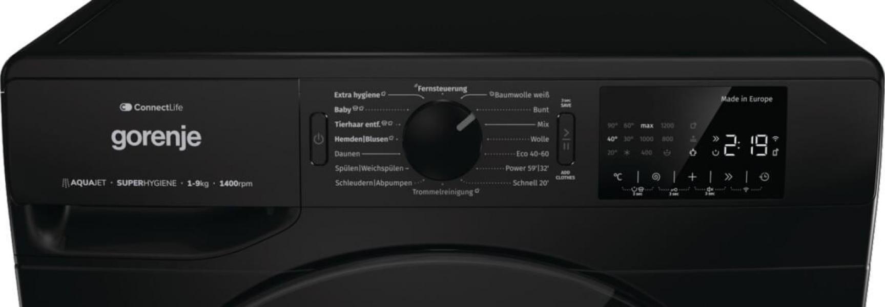 Gorenje WPNEI94A1DTSB 9 kg Frontlader Waschmaschine, 60 cm breit, 1400 U/Min, AquaStop, StableTech, WLAN, 15 Programme, Kindersicherung, schwarz
