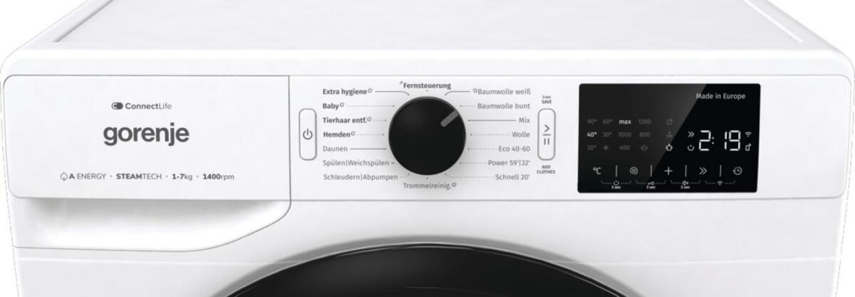 Gorenje WPNEI74A1TS 7kg Frontlader Waschmaschine, 60 cm breit, 1400 U/Min, AquaStop, StableTech, WLAN, 15 Programme, weiß