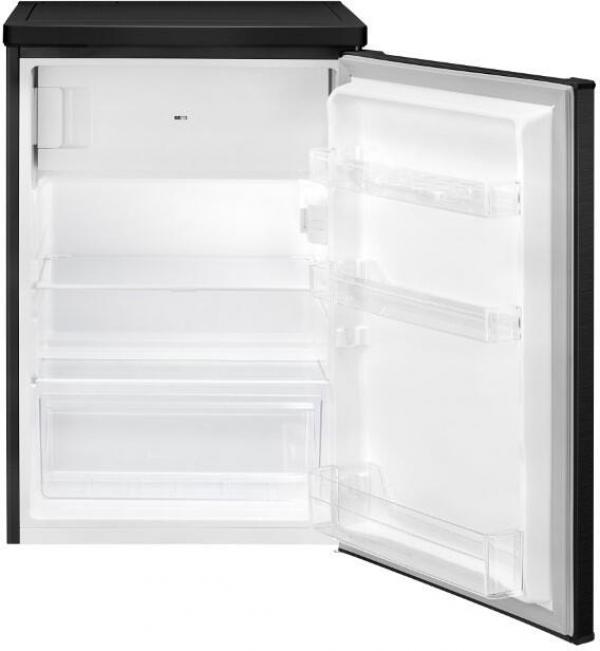 Bomann KS 7251 Stand Kühlschrank mit Gefrierfach, 55 cm breit, 109 L, LED Innenraumbeleuchtung, 2 Glasablagen, 3 Türablagen, Edelstahloptik-schwarz