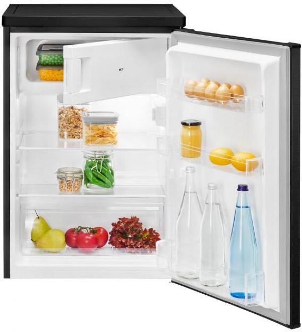 Bomann KS 7251 Stand Kühlschrank mit Gefrierfach, 55 cm breit, 109 L, LED Innenraumbeleuchtung, 2 Glasablagen, 3 Türablagen, Edelstahloptik-schwarz