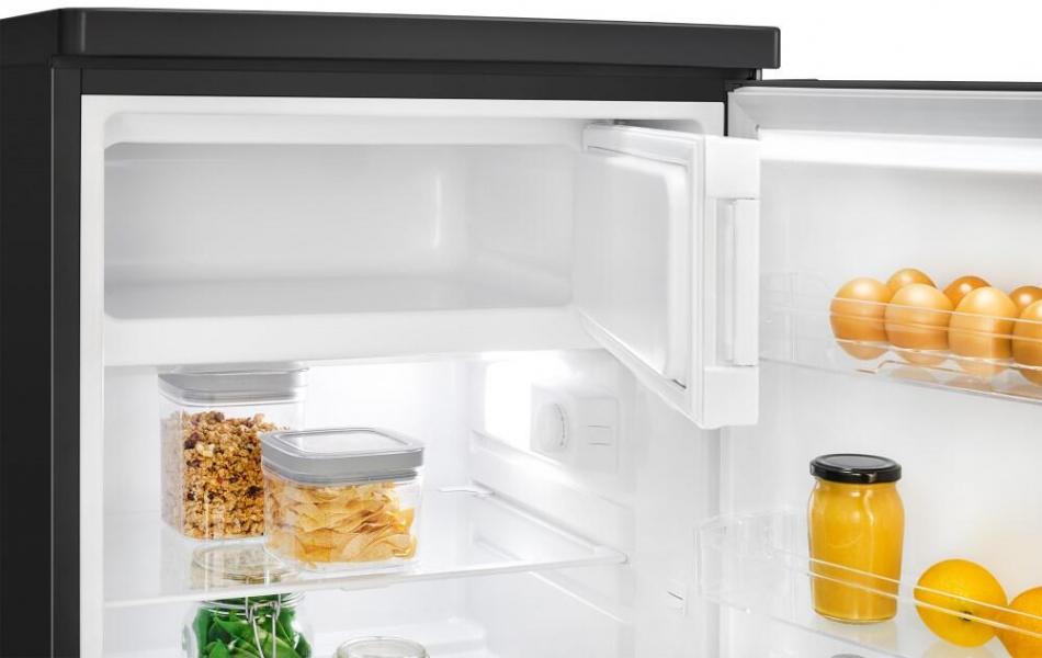 Bomann KS 7251 Stand Kühlschrank mit Gefrierfach, 55 cm breit, 109 L, LED Innenraumbeleuchtung, 2 Glasablagen, 3 Türablagen, Edelstahloptik-schwarz