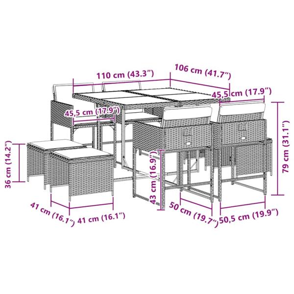 9-tlg. Garten-Essgruppe mit Kissen Grau Poly Rattan