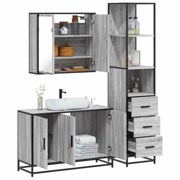 ARDEBO.de - 3-tlg. Badmöbel-Set Grau Sonoma Holzwerkstoff