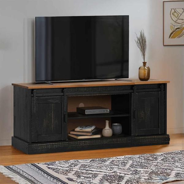 ARDEBO.de - TV-Schrank HALDEN 2 Schiebetüren Schwarz 150x40x60cm Massivholz