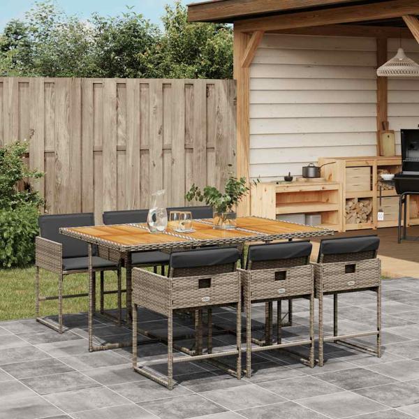 ARDEBO.de - 7-tlg. Garten-Essgruppe mit Kissen Grau Poly Rattan