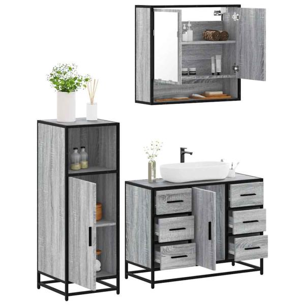 ARDEBO.de - 3-tlg. Badmöbel-Set Grau Sonoma Holzwerkstoff