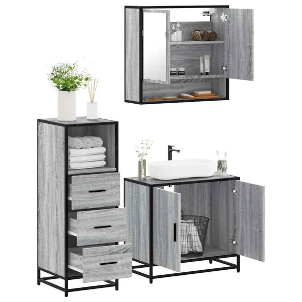ARDEBO.de - 3-tlg. Badmöbel-Set Grau Sonoma Holzwerkstoff