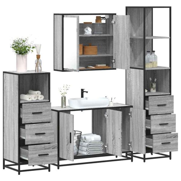 ARDEBO.de - 4-tlg. Badmöbel-Set Grau Sonoma Holzwerkstoff