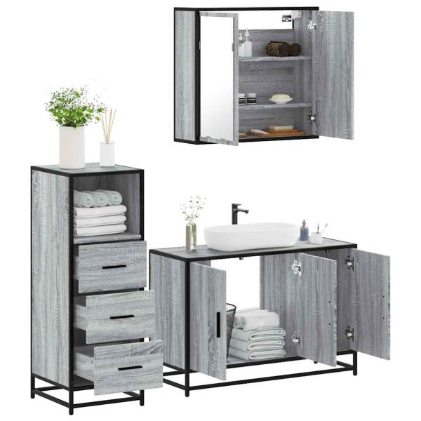 ARDEBO.de - 3-tlg. Badmöbel-Set Grau Sonoma Holzwerkstoff